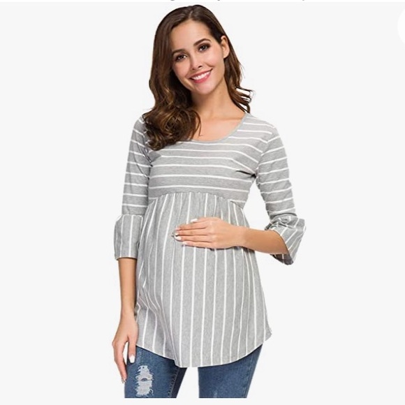 Bell-sleeved Gray Striped Maternity Top Size Small - Picture 5 of 7